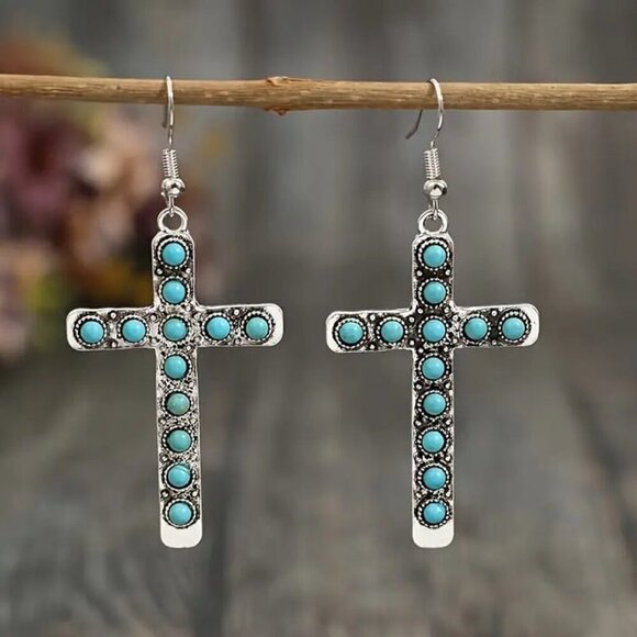 NEW BOHO turquoise cross dangle earrings, turquoise cross jewelry, vintage style - Picture 2 of 4